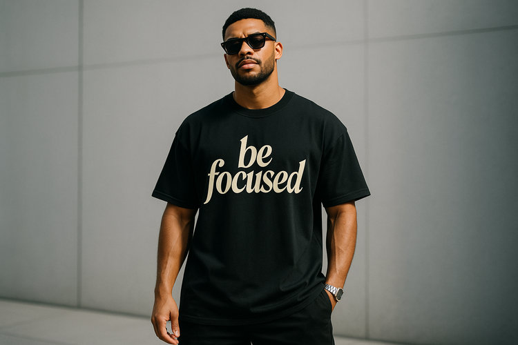  a man standing in pose with wearing standard oversized tishirt of black colour the print on tishirt will "be focused" keep it with coolness and astheticness